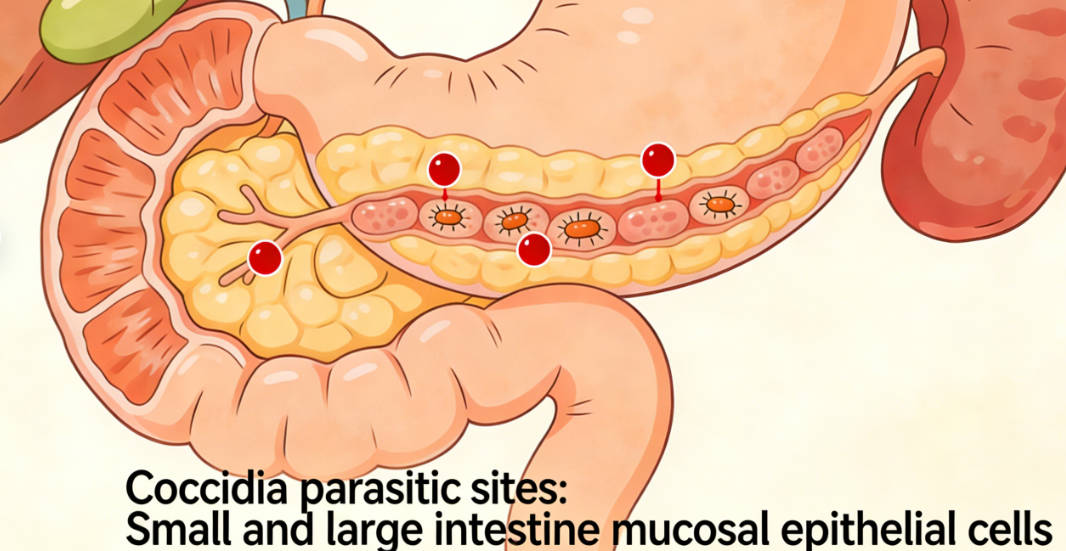Sites of coccidia infection in cats: epithelial cells of the small and large intestinal mucosa