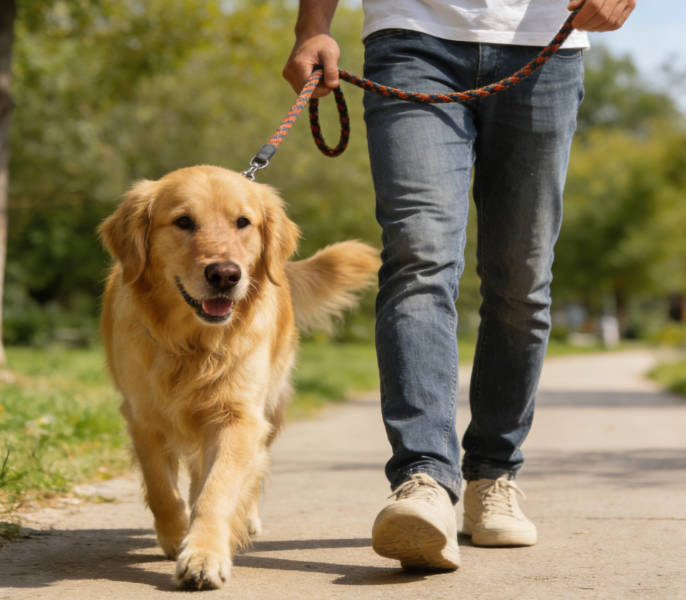 The pet is on a leash